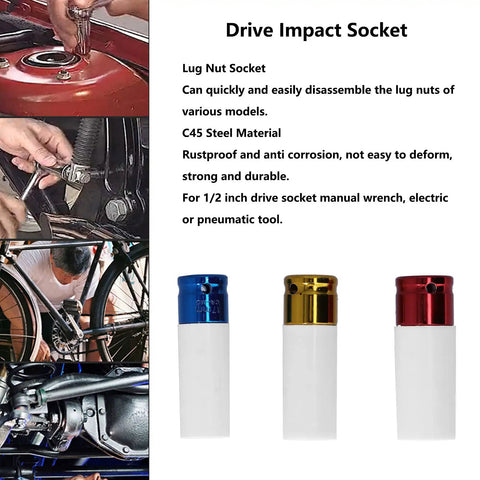 Grab This Sweet 3PC Wheel Lug Nut Socket Set With Thin Walls For 17mm 19mm And 21mm Rims Made From Tough Heat Treated Steel That Protects Your Polished Wheels While Chipping Loose Nuts Like A Boss. 3-piece C45 steel impact lug nut sockets in 17mm, 19mm and 21mm sizes for wheel removal