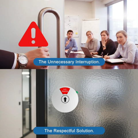 Rotating 6 In 1 Privacy Door Sign for Office And Home Keeps Interruptions In Check with In A Meeting shown on office door