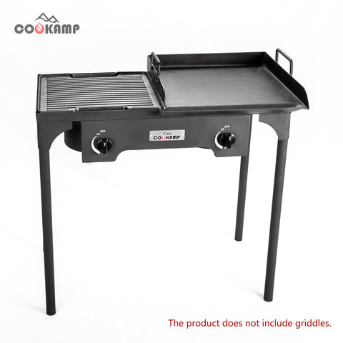 High Pressure Double Propane Burner Outdoor Camping Stove With 0-20 PSI Adjustable Regulator and Steel Braided Hose, 110000 BTU Total.
