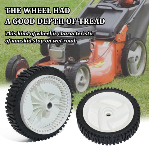 2 Pack 8 Inch Front Lawn Mower Wheels For Push Mower Replacement, Heavy Duty One Half Inch Bore, plastic and rubber tires