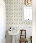 Fresh Green Floral Wallpaper Peel And Stick Self Adhesive Tulip Contact Paper in modern bathroom with white sink.