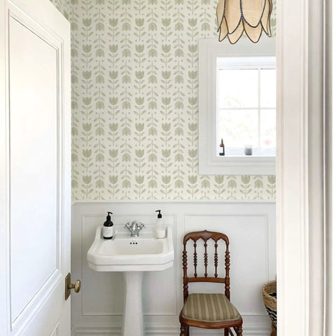 Fresh Green Floral Wallpaper Peel And Stick Self Adhesive Tulip Contact Paper in modern bathroom with white sink.