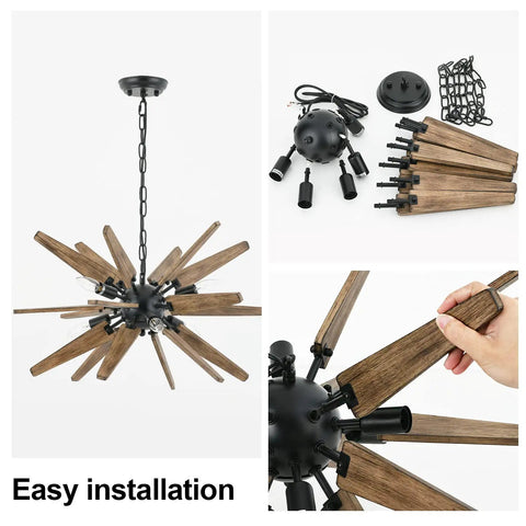 Wood Sputnik Chandelier With 6 Lights Dope Rustic Farmhouse Pendant For Kitchen Island Dining Room Living Room Bedroom Foyer Modern Industrial Black Ball Base With Natural Wood Panels assembled and parts displayed.