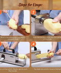 Heavy Duty 3 In 1 Tornado Potato Slicer That Slays Spiral And Straight Cuts With Rust Proof Stainless Steel Blades For Backyard Pitmasters Who Want Crispy Curly Fries No Cap Or Hassle, showing usage steps of slicing a potato.