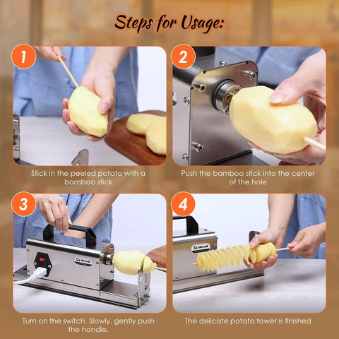 Heavy Duty 3 In 1 Tornado Potato Slicer That Slays Spiral And Straight Cuts With Rust Proof Stainless Steel Blades For Backyard Pitmasters Who Want Crispy Curly Fries No Cap Or Hassle, showing usage steps of slicing a potato.