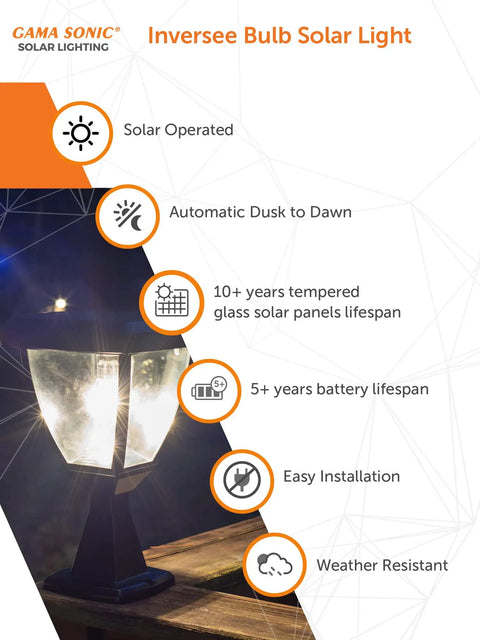 Inversee Outdoor Solar Post Light With 3 Mount Options emitting warm white LED light on a wooden surface at night.
