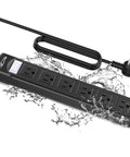 Weatherproof Outdoor Power Strip With Six Outlets Six Foot Extension Cord 1875W Surge Protector in black with water splashes