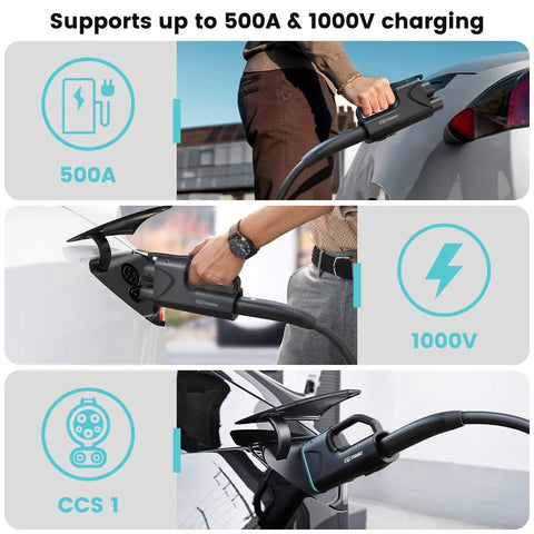 Nacs To Ccs1 Adapter With Secure Interlock For Tesla Superchargers, showing charging capability of 500 Amp and 1000 Volt.