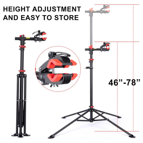 Bike Repair Stand For Home Shop And Mobile Mechanics Lifts Your Ebike Mountain And Road Bike For Quick Maintenance Adjustable Height Safe Clamp Foldable Design For Easy At Home Tune Ups depicting foldable design and adjustable height range from 46 to 78 inches.