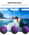 ND And CPL Filter Kit For Osmo Action 5 Pro And Osmo Action 4, showing ND8 ND16 ND32 filters with surfer and ocean view