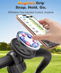 MagSafe Golf Push Cart Phone Holder With 360 Degree Rotation Hands Free Mount With Strong Magnets For All Phones Compatible With Clicgear Bag Boy Sun Mountain Carts Easy Access Phone Mount On The Go, showing phone attached to cart handle.