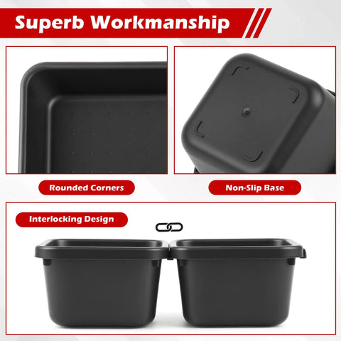 Close-up of black plastic tool trays with rounded corners, non-slip base, interlocking design; part of 46 Piece Tool Box Organizer Tray Set With Five Sizes And 15Lb Magnetic Pickup Pen For Garage Storage, Drawer Organizer Bins, Rolling Workbench And Workshop Organization For Small Parts Grab And Go.