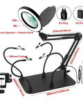 Helping Hands Soldering Station With 5X 10X Magnifying Lamp And Four Flexible Arms LED Bright Light, dimensions indicated, EU Plug.