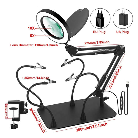 Helping Hands Soldering Station With 5X 10X Magnifying Lamp And Four Flexible Arms LED Bright Light, dimensions indicated, EU Plug.
