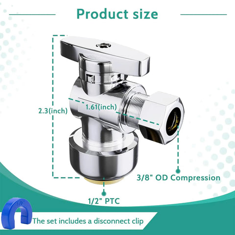 10 Pack Angle Stop Valve Half Inch Push To Three Eighth Inch Threaded Compression Water Shut Off Valve Copper Lead Free Brass Nine Sixteenth Inch UNEF Thread CPVC And PERT Compatible No Brainer Install For Home Plumbing