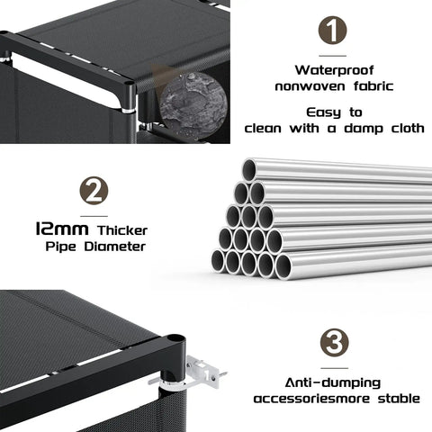 12-Cube Metal Book Shelf Storage Organizer materials showing waterproof fabric, 12mm thicker pipes, and anti-dumping accessories.