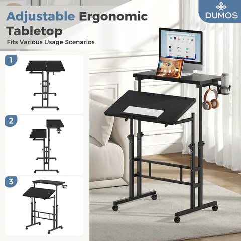Split Top Rolling Standing Desk With Adjustable Height From 28 To 45 Inches Manual Lift Mobile Laptop Desk On Wheels