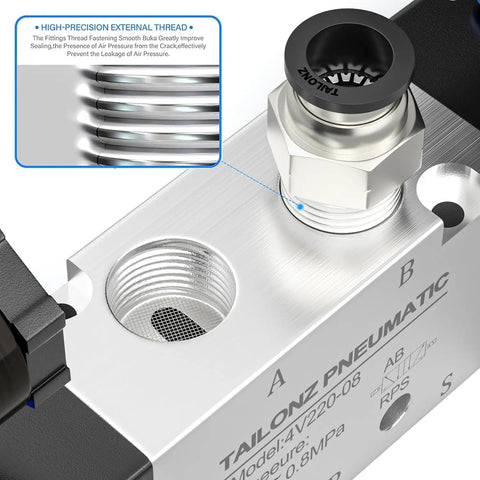 Close-up of Beefy Dual Coil Pneumatic Solenoid Valve 2 Position 5 Way Pilot Operated 4V220-08 AC110V showing threaded port.