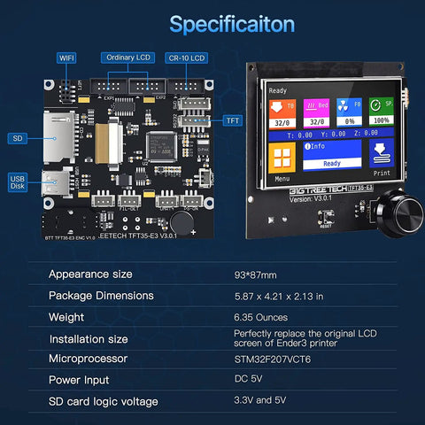 Specifications for Ender 3D Printer Upgrade Bundle with SKR Mini E3 V3.0 board and TFT35 E3 V3.0.1 display, focusing on dimensions and features.