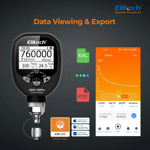 Full Range Micron Gauge For HVAC And Refrigeration, Wireless Digital Vacuum Meter From Zero To Seven Hundred Sixty Thousand Microns, Adapter Included, App Alarms, Offline Recording, One Quarter Inch SAE Port showing app data export