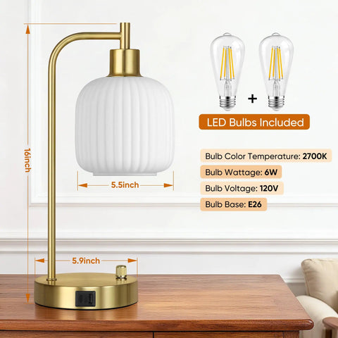 Industrial Touch Control Desk Lamp With Dual USB Ports And Outlet For Charging Up Fast 3 Way Dimmable Bedside Nightstand Reading Lamp Glass Desk Lamp For Bedroom And Office