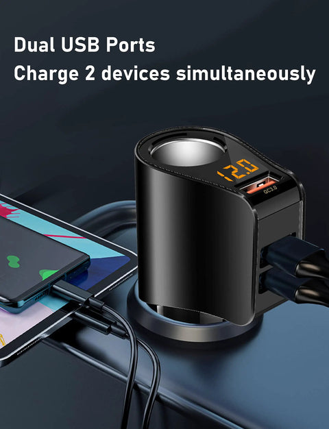 Straight Fire 3 Usb Car Charger Adapter Fast Charging with dual USB ports, charging two devices on a car dashboard.