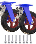 Rock Solid Heavy Duty Rubber Casters With Sure Grip Brakes Quiet Industrial Caster Wheels 2 Pack, 6 inch rubber wheels, red and black.