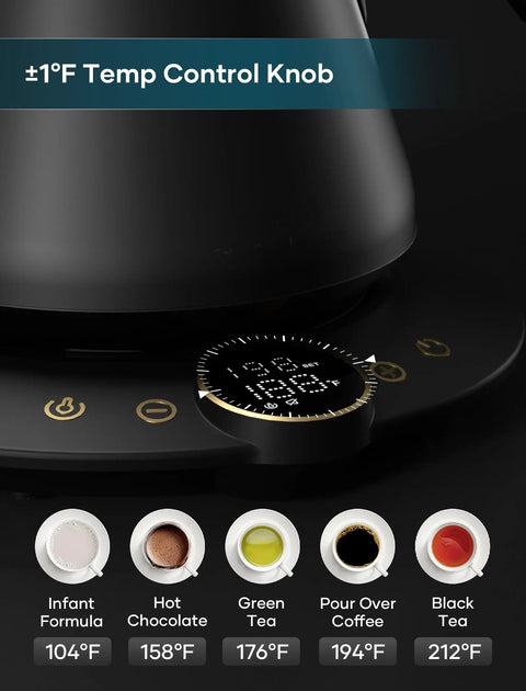 Gooseneck Electric Kettle With Precise Temperature Control Within One Degree Fahrenheit displaying temperature settings on control panel.