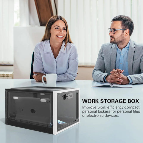 Office setting with Large Capacity Medication Lock Box With Code Lock For Fridge Or Cabinet Safe Storage on table.