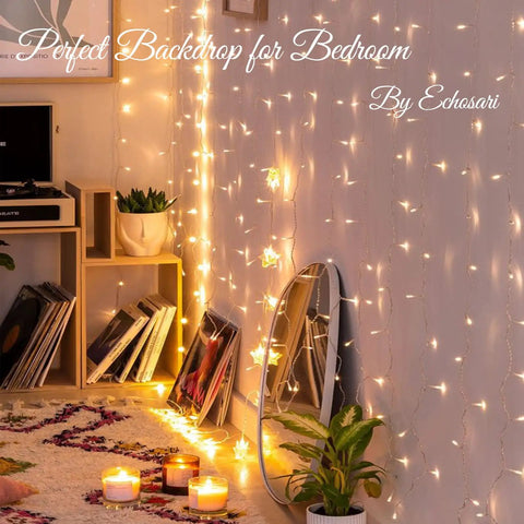 Battery Operated Fairy Curtain Lights With Remote Timer Nine Point Eight Feet By Nine Point Eight Feet Of Warm White LEDs for bedroom decor