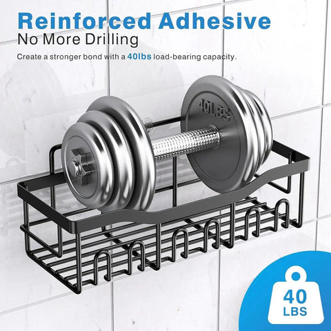 5-Piece Rustproof Stainless Steel Shower Caddy Set No Drill Adhesive Bathroom Organizer holding a dumbbell on tile