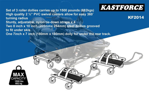 Heavy Duty Snowmobile Dolly Set Of 3 With V Slide, 2.5 Inch Nylon Swivel Casters, Rubber Pad Protecting Skis, 4 Adjustable Tie-Down Straps