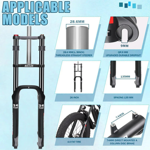 26 Inch Fat Tire Front Suspension Fork For E Bikes And Snow Beach Mountain Bikes, 180mm Travel, 135mm Hub displayed with specs