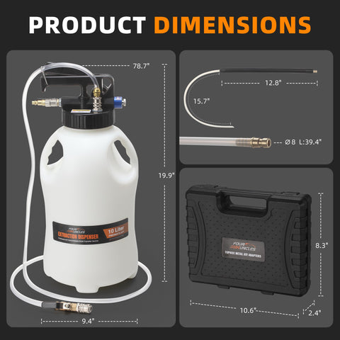 10L Pneumatic Transmission Fluid Pump Kit With Quick Switch Extractor And Dispenser, 2.6 Gallon Tank, dimensions and case overview
