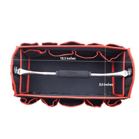 Top view of Heavy Duty 19 Inch Tool Bag With 25 Pockets open, showing pocket layout, 1680D fabric, molded base visible.