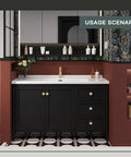 Bathroom vanity with 10 Pack Brushed Gold Ball Cabinet Knobs 1 Inch Diameter Zinc Alloy Drawer Pulls installed on black drawers.