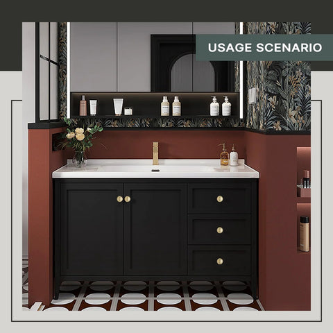 Bathroom vanity with 10 Pack Brushed Gold Ball Cabinet Knobs 1 Inch Diameter Zinc Alloy Drawer Pulls installed on black drawers.