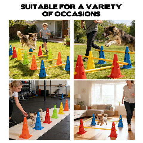 Backyard Dog Agility Hurdle Set with cones and rods in different settings for pet exercise and kids play at home and outdoors.