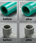 Before and after images showing PVC pipe threading using Heavy Duty Dual Function Pvc Pipe Threader Kit With 1 2 And 3 4 Inch Dies For Internal External Threading Compatible With Electric Drill Perfect For Diy Pros And Home Repair Projects Fast Easy Installation.
