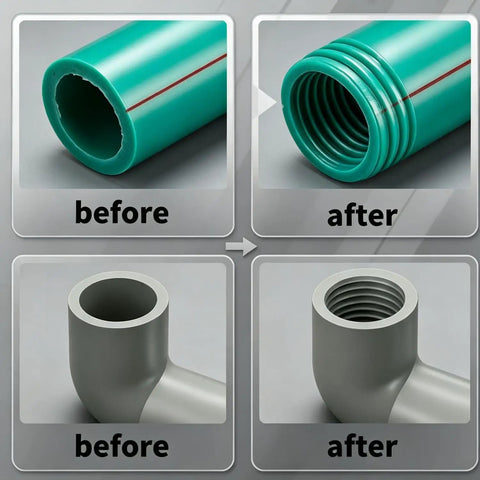 Before and after images showing PVC pipe threading using Heavy Duty Dual Function Pvc Pipe Threader Kit With 1 2 And 3 4 Inch Dies For Internal External Threading Compatible With Electric Drill Perfect For Diy Pros And Home Repair Projects Fast Easy Installation.