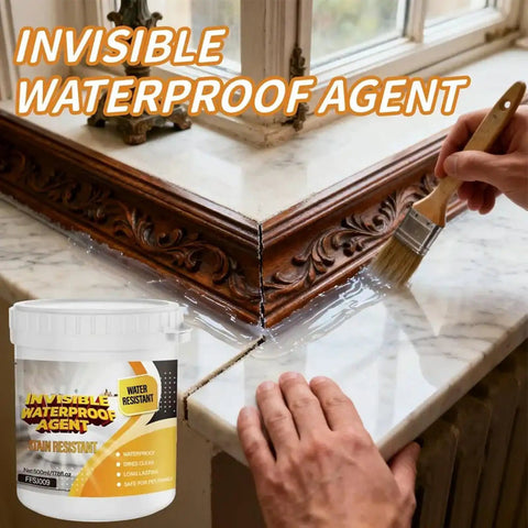 Man applying No Sweat Waterproof Adhesive And Invisible Anti Leakage Coating Featuring Built In Brush For Roofs Walls And Floors Dries Clear for waterproofing marble corners.
