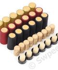 100 Piece PVC Heat Shrink Wine Bottle Capsule Kit With Black Plastic Tops In Killer Gold Black And Red Assortment showcasing black, gold, red tops with corks.
