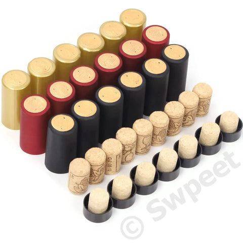 100 Piece PVC Heat Shrink Wine Bottle Capsule Kit With Black Plastic Tops In Killer Gold Black And Red Assortment showcasing black, gold, red tops with corks.