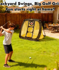 Boy practicing with Chipping Net Pop Up Golf Net for backyard driving, featuring 3 target zones and side pocket auto ball return.