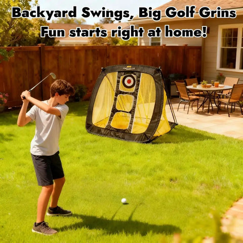 Boy practicing with Chipping Net Pop Up Golf Net for backyard driving, featuring 3 target zones and side pocket auto ball return.
