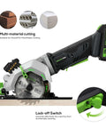Side view: Galax Pro 20V cordless mini circular saw with laser guide, green accents, 4-1/2 inch blade, 2 blades.