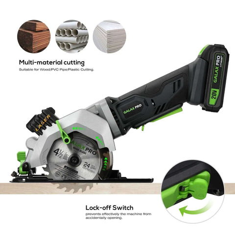 Side view: Galax Pro 20V cordless mini circular saw with laser guide, green accents, 4-1/2 inch blade, 2 blades.