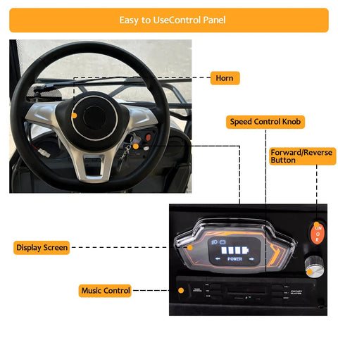 Control panel of Kick Around With This Hella Smooth Electric Golf Cart featuring steering wheel, speed control, and display screen.