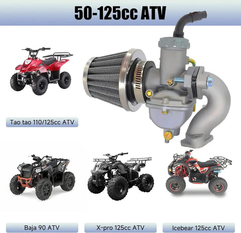 Carburetor Kit For 50cc To 125cc 4 Stroke ATVs with air filter and intake manifold alongside TaoTao, Baja, X-Pro, Icebear ATVs.