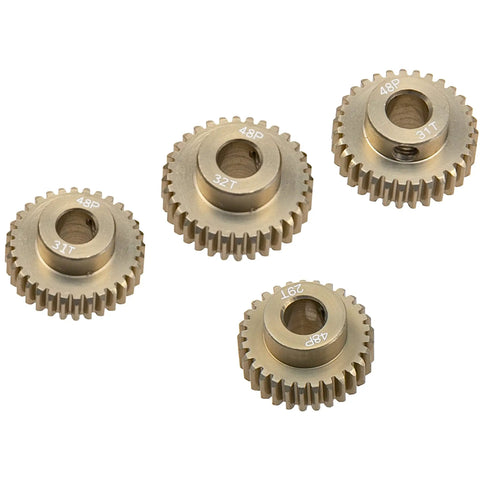 Dope 48DP 5mm Pinion Gear Set For 1 By 10 RC Cars, 7075 Aluminum, 29T 30T 31T 32T, Four Pack, displayed on white background.